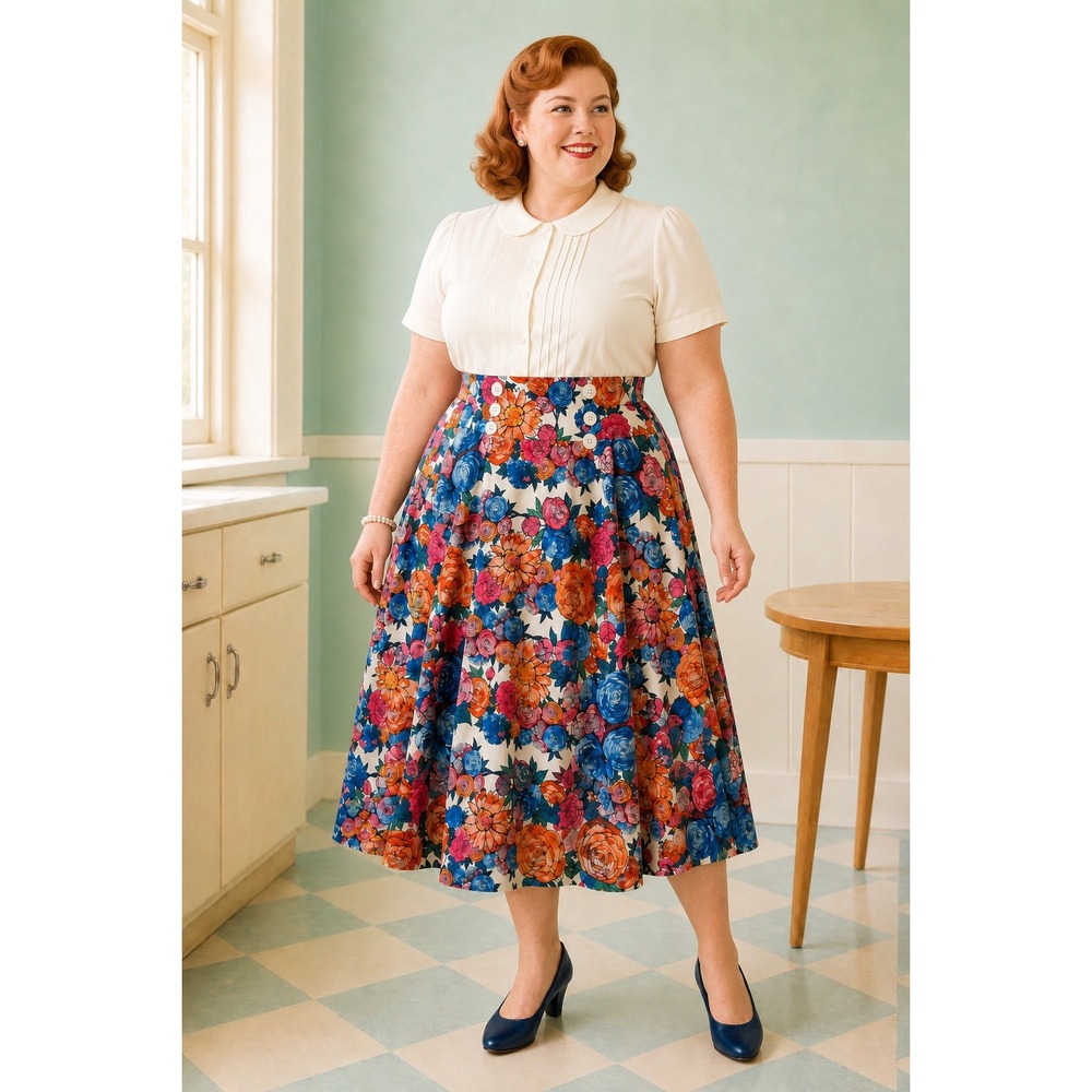 Boho Cottage Tradwife Belle Poque Floral HighWaist Button Pockets XL Midi Skirt